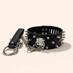 Premium Spiked Leather Collar with Detachable Chain Leash
