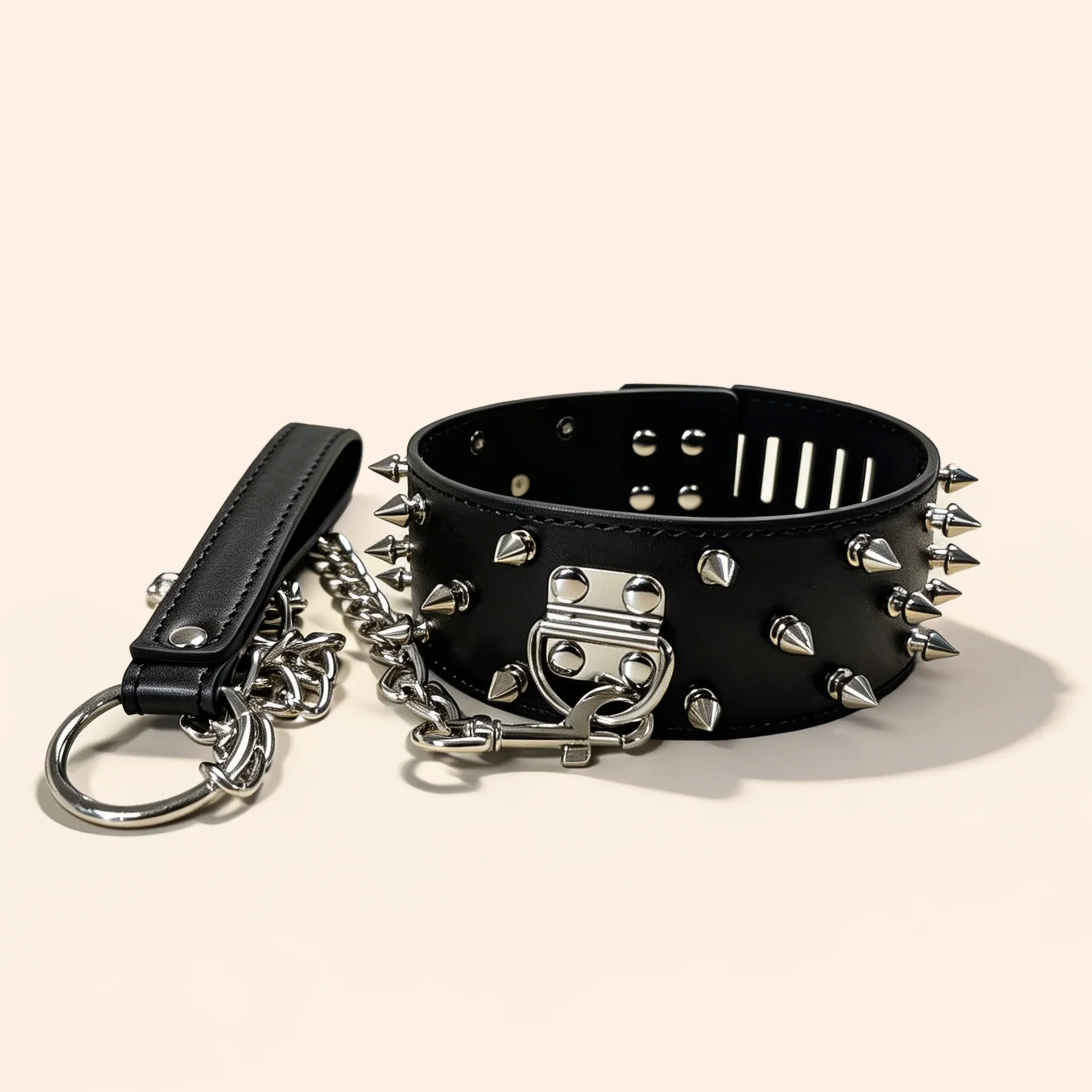 Premium Spiked Leather Collar with Detachable Chain Leash